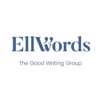 Logo of Ell Words with stylised quotation marks in the text and the tagline “The Good Writing Group” below.